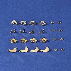 16個 4スタイル 304ステンレススチールスタッドピアス金具  16個のイヤーナット付き  ゴールドカラー  10~14.5x8~11.5x0.8mm  穴：1.4~1.6mm  ピン：0.7~0.8mm&nbsp;STAS-FS0001-85G