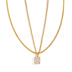 European Style Stainless Steel Pave Clear Cubic Zirconia Rectangle Pendant Snake Chain Double Layered Necklaces for Women&nbsp;ND1910