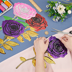 6個 3色 バラの花 コンピューター刺繍 ポリエステル 装飾アクセサリー  スパンコール布アイロン接着パッチ  ミックスカラー  340x161x1ミリ  2個/カラー&nbsp;PATC-MA0001-01