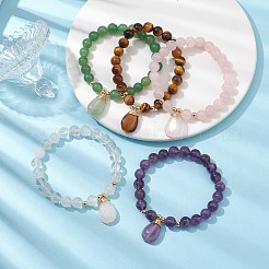 Natural Mixed Gemstone Stretch Bracelets with Teardrop Charms for Women&nbsp;BJEW-JB10110
