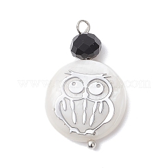 4Pcs 4 Styles Natural Shell & Black Glass Flat Round Pendants&nbsp;PALLOY-JF04290