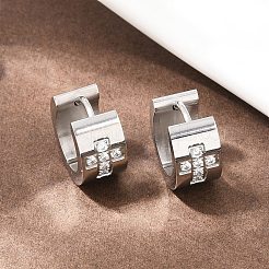 304ステンレススチール製マイクロパヴェクリアキュービックジルコニアフープピアス  クロス模様  ステンレス鋼色  14x7mm&nbsp;EJEW-G457-03P