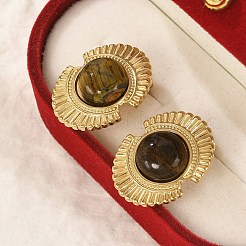 304 Stainless Steel Natural African Turquoise(Jasper) Stud Earrings&nbsp;EJEW-G421-02G-02