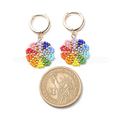 Rainbow Color Japanese Seed Braided Flower Dangle Hoop Earrings&nbsp;EJEW-MZ00003