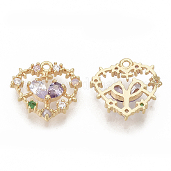 真鍮キュービックジルコニアチャーム  ニッケルフリー  ハート  18KGP本金メッキ  ライラック  14.5x15x3mm  穴：1.2mm&nbsp;X-KK-T050-03G-01-NF