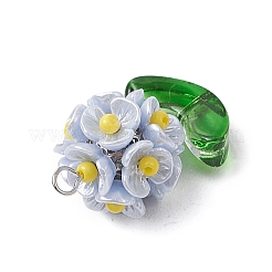 ガラスシードビーズの花のペンダント  樹脂と真鍮の金具付き  ライトスチールブルー  25x14x13mm  穴：3x2.5mm&nbsp;X1-PALLOY-MZ00521-03