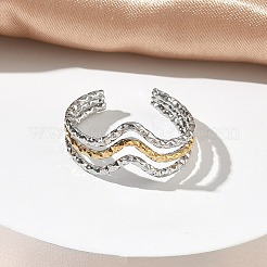 304ステンレススチール製トリプルウェーブカフオープンリング（女性用）  イオンプレーティング（ip）  ゴールデン·ステンレス鋼色  12.5mm  usサイズ8 1/2(18.5mm)&nbsp;RJEW-A095-03PG