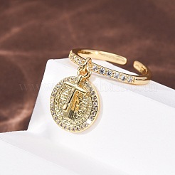 女性のための真鍮マイクロパヴェキュービックジルコニアカフリング  十字架を持つ聖ベネディクト  ラックめっき  長持ちメッキ  鉛フリー＆カドミウムフリー  18KGP本金メッキ  17mm&nbsp;RJEW-K264-08G