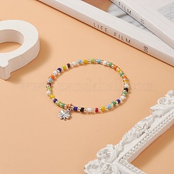 女性用真鍮チャーム付きカラフルなシードビーズストレッチブレスレット  クローバー模様  内径：2インチ（5.2cm）  ペンダント：10.5x9x1mm&nbsp;BJEW-JB09218-02