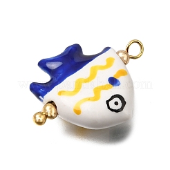 海をテーマにした手描きの陶磁器製ペンダント  本物の18Kゴールドメッキ真鍮ループ付き魚のチャーム  ブルー  26x21x6.5mm  穴：3mm&nbsp;PR-CBA0027-05G-03
