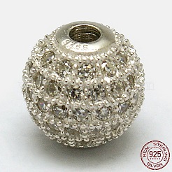 ラウンド925スターリングシルバービーズ  マイクロパヴェキュービックジルコニア付き  銀  6mm  穴：1mm&nbsp;STER-O021-01S-6mm