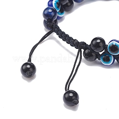 Natural Blue Tiger Eye(Dyed & Heated) & Eyeless Obsidian & Resin Evil Eye Braided Bead Bracelet&nbsp;BJEW-JB08840-04