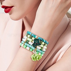 11Pcs 11 Style Alloy Enamel Clover & Cloth Flower Tassel Charm Stretch Bracelets Set&nbsp;BJEW-SW00101