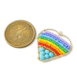 染色された天然マグネサイトとガラスのシードビーズペンダント  ハートチャーム  カラフル  33x30.5x3.5mm  穴：1.8mm&nbsp;PALLOY-MZ00195