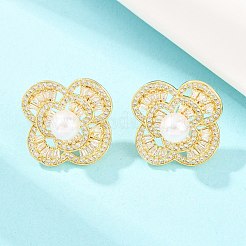 Valentine's Day Flower Brass Micro Pave Clear Cubic Zirconia Stud Earrings&nbsp;EJEW-T051-03G