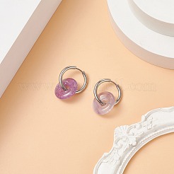 天然アメジストパイディスク/ドーナツダングルフープピアス  女性用304ステンレスジュエリー  29.5mm  ピン：1mm&nbsp;EJEW-JE05132-03