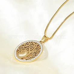 201ステンレススチールクリスタルラインストーン生命の樹ペンダントネックレス（女性用）  18KGP本金メッキ  17.60インチ（44.7cm）&nbsp;NJEW-P327-03G