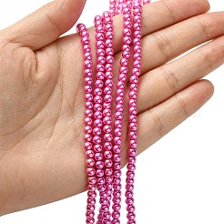 グレードaのガラスパールビーズ  パールカラーの  ラウンド  ショッキングピンク  4mm  穴：0.7~1.1mm  約100個/連  16''（40.64センチメートル）&nbsp;HY-J001-4mm-HX026