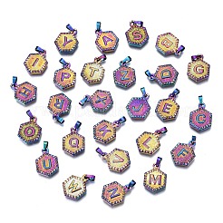 イオンプレーティング（IP）304ステンレスペンダント  アルファベットa〜zの六角形  虹色  17x12x3mm  穴：6.5x3mm  約26個/セット&nbsp;STAS-S119-008-02
