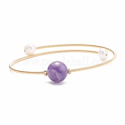 Natural Pearl & Gemstone Round Beaded Wrap Cuff Bangle&nbsp;BJEW-JB07923
