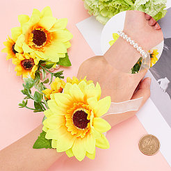 絹の布の模造花の手首  パールストレッチブレスレット付き  結婚式のための  パーティーの装飾  オレンジ  120x115x58mm  2個/セット&nbsp;AJEW-CP0001-39