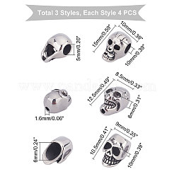 12個3スタイル304ステンレススチールビーズ  スカル  アンティークブロンズ  10.5~15x8.5~10x8~10mm  穴：1.6~6mm  4個/スタイル&nbsp;STAS-UN0027-23