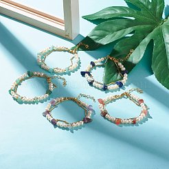 ナチュラルミックスストーン＆パールビーズ7-1/8層ブレスレットセット  女性のためのリンクチェーン付きレイキヒーリングブレスレット  ゴールドカラー  18インチ（5cm）  [1]個/セット&nbsp;X1-BJEW-TA00025