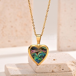 Stainless Steel Pave Natural Paua Shell Love Heart Peach Locket Pendant Cable Chain Necklaces for Women&nbsp;PW-WG7AB06-01