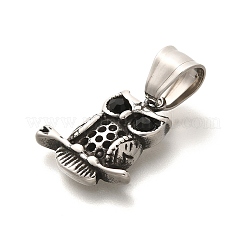304ステンレスペンダント  ラインストーン付き  アンティークシルバー  フクロウチャーム  ジェット  19.5x17x4mm  穴：7.5mm&nbsp;STAS-Z110-06AS-01