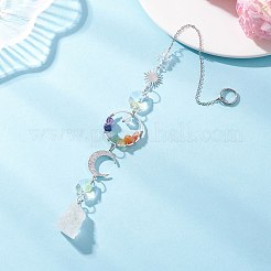 天然水晶ナゲットとガラスの吊り下げサンキャッチャー  天然の宝石チップと304ステンレススチールのサンムーンリンク付き  260~265x26mm&nbsp;HJEW-JM04489-01