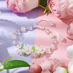 女性用フラワーガラス＆アクリル編みビーズ調節可能ブレスレット  ホワイトスモーク  内径：2~3インチ（5~7.5cm）&nbsp;BJEW-JB10445