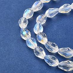 電気メッキガラスビーズ連売り  ABカラーメッキ  多面カット  ティアドロップ  クリアAB  12x8mm  穴：1mm  約58個/連  28.3インチ&nbsp;EGLA-E010-8x12mm-AB01
