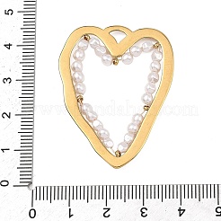304ステンレススチールとプラスチックパールのペンダント  ハートチャーム  中空  ゴールドカラー  41x32x3mm  穴：3.5x4mm&nbsp;PL-B001-01G