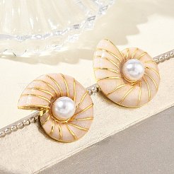 女性のための真鍮エナメル スタッド イヤリング  巻き貝の形  ABSプラスチックイミテーションパール付き  長持ちメッキ  ラックめっき  鉛フリー＆カドミウムフリー  ゴールドカラー  パパイヤホイップ  19.5x19mm&nbsp;KK-CBA760A-10G-04