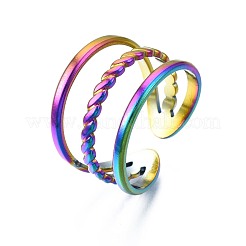 304ステンレススチールトリプルラインラップカフリング  女性のためのレインボーカラーオープンリング  usサイズ8 3/4(18.7mm)&nbsp;RJEW-N038-104
