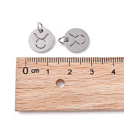 変色しない304ステンレススチールチャーム  星座/星座とフラットラウンド  牡牛座  12x1mm  穴：3mm&nbsp;STAS-Q201-T445-2S