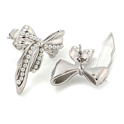 真鍮製スタンドピアス  女性用プラスチックイミテーションパールイヤリング  蝶結び  プラチナ  21x18mm&nbsp;EJEW-P275-03P
