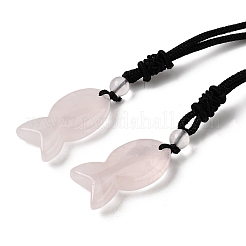 Natural Rose Quartz Fish Pendant Black Nylon Cord Necklaces&nbsp;NJEW-G185-01G