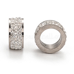 304ステンレススチールコラムビーズ  ポリマークレイラインストーン付き  ステンレス鋼の金属色  クリスタル  13x6mm  穴：8mm&nbsp;RB-I065-02