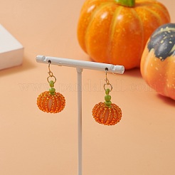ウッド&シード ビーズ パンプキン ペンダント ダングル イヤリング  長持ちする本物の 18K ゴールドメッキ真鍮ジュエリー、女性用  ダークオレンジ  35mm  ピン：0.6mm&nbsp;EJEW-JE05183