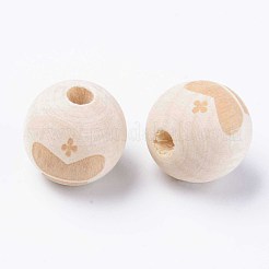 未完成の天然木ヨーロッパビーズ  大穴ビーズ  DIYペインティングクラフト用  レーザー彫刻模様  クラウン模様で丸い  アンティークホワイト  16x14.5mm  穴：4mm&nbsp;WOOD-S057-002A