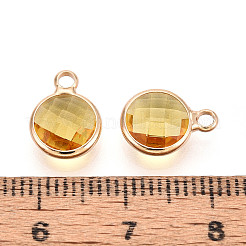 金色のトーン真鍮ガラスのチャーム  フラットラウンド  多面カット  きいろ  11~12x8.5~9x3.5~4mm  穴：1.8~2mm&nbsp;GLAA-ZX008-24F-G