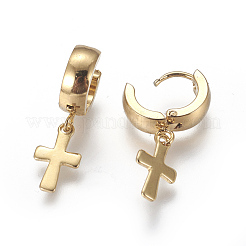 304ステンレススチールフープピアス  クロス  ゴールドカラー  23mm  ピン：1mm&nbsp;EJEW-O087-02