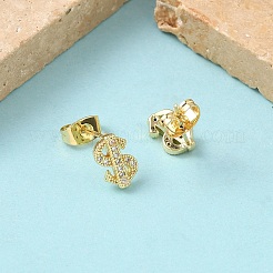 真鍮マイクロペーブクリアキュービックジルコニアスタッドピアス  ドル記号  ラックめっき  カドミウムフリー＆鉛フリー  ゴールドカラー  9.5x6mm&nbsp;EJEW-Z144-22G