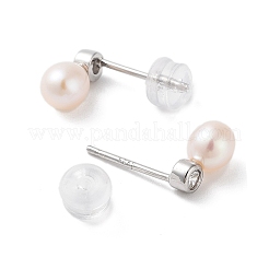 女性用天然真珠スタッドピアス  スターリングシルバーピンとキュービックジルコニア  オーバル  8.5~9x5mm&nbsp;EJEW-C082-12A-P
