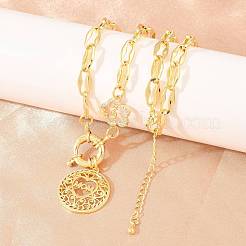 Mother's Day Brass Micro Pave Clear Cubic Zirconia Hollow Flat Round with Heart Mama Pendant Necklaces for Women&nbsp;NJEW-A071-05G