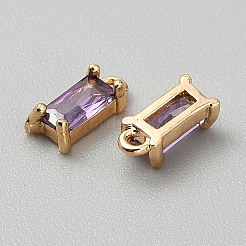 金メッキ真鍮キュービックジルコニアチャーム  長方形  紫色のメディア  8.5x4x3mm  穴：1mm&nbsp;ZIRC-WH0015-01G-06