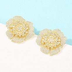 Valentine's Day Flower Brass Micro Pave Clear Cubic Zirconia Stud Earrings&nbsp;EJEW-T051-02G