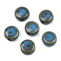 手作りの陶器ビーズ  ファンシーアンティーク施釉磁器  フラットラウンド  コーンフラワーブルー  12x7mm  穴：3mm&nbsp;PORC-Q185-12mm-1