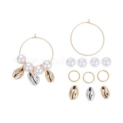DIYピアス作り  304ステンレススチールフープピアス/丸カン  模造パールアクリルビーズとUVメッキカウリーシェルビーズ  ゴールドカラー  35x0.7mm&nbsp;DIY-X0098-32
